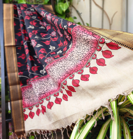 pen kalamkari silk dupatta Black and Red dupatta Indian gifts