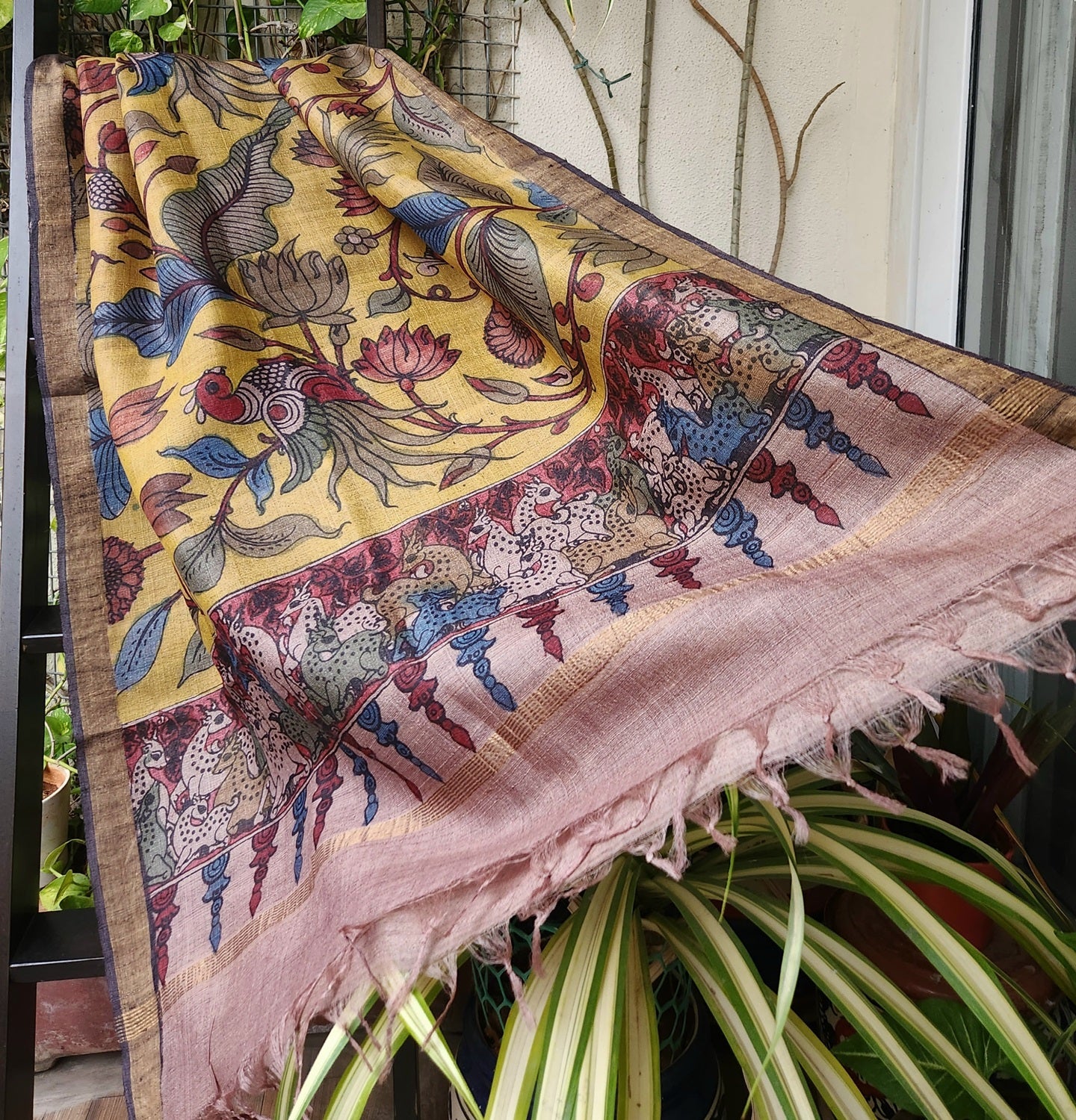 pen kalamkari dupatta silk dupatta tussar yellow dupatta haldi look wedding shopping haldioutfit