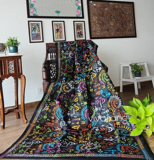 Kantha dupatta black dupatta Warli dupatta handmade gifts