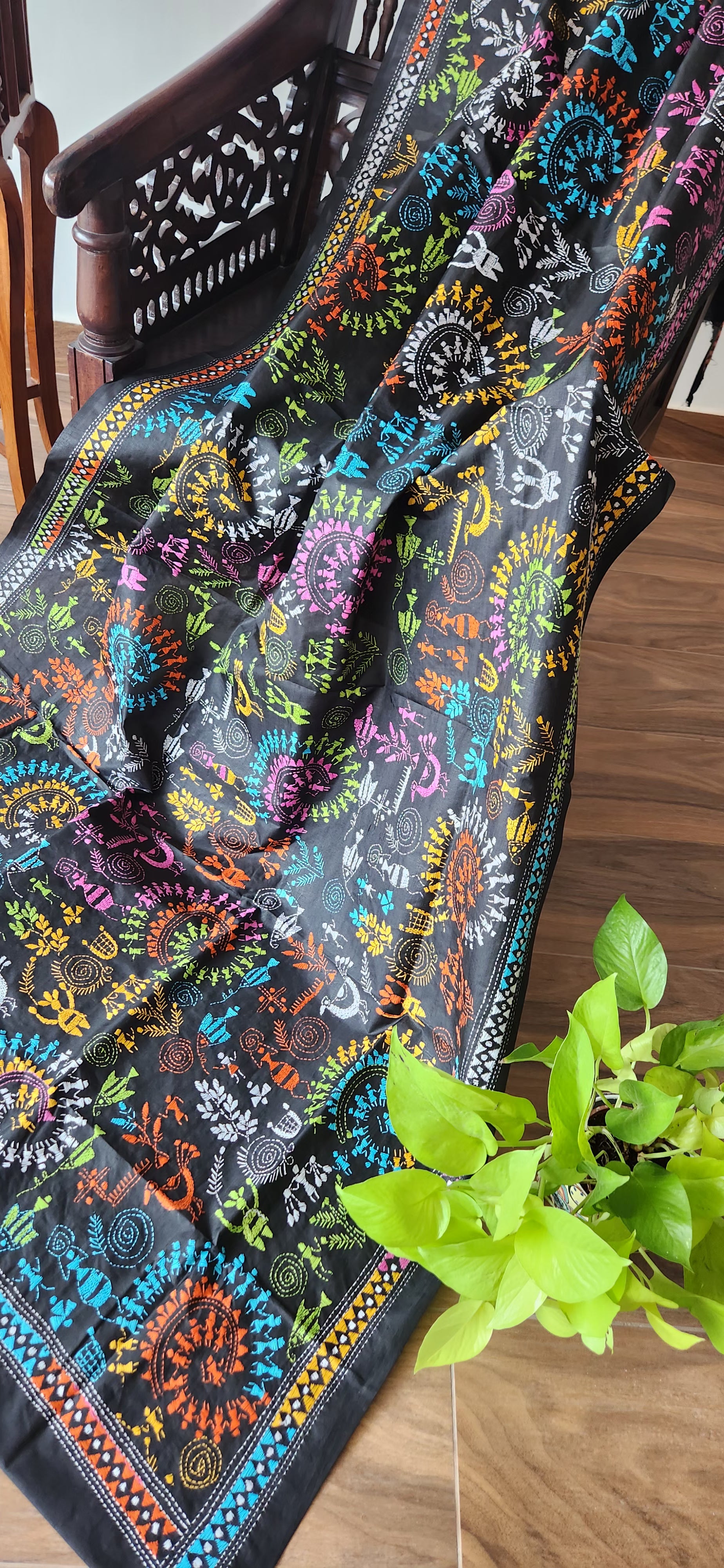 Kantha dupatta black dupatta Warli dupatta handmade gifts