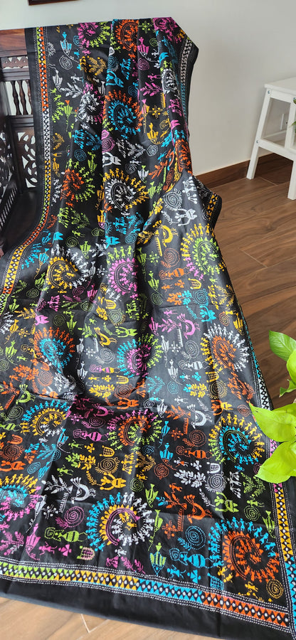 Kantha dupatta black dupatta Warli dupatta handmade gifts