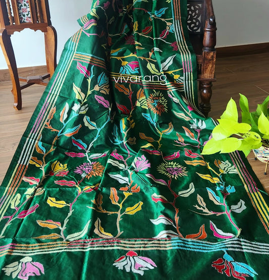Kantha saree dandelion saree silk saree green saree mehndi look wedding saree designer saree