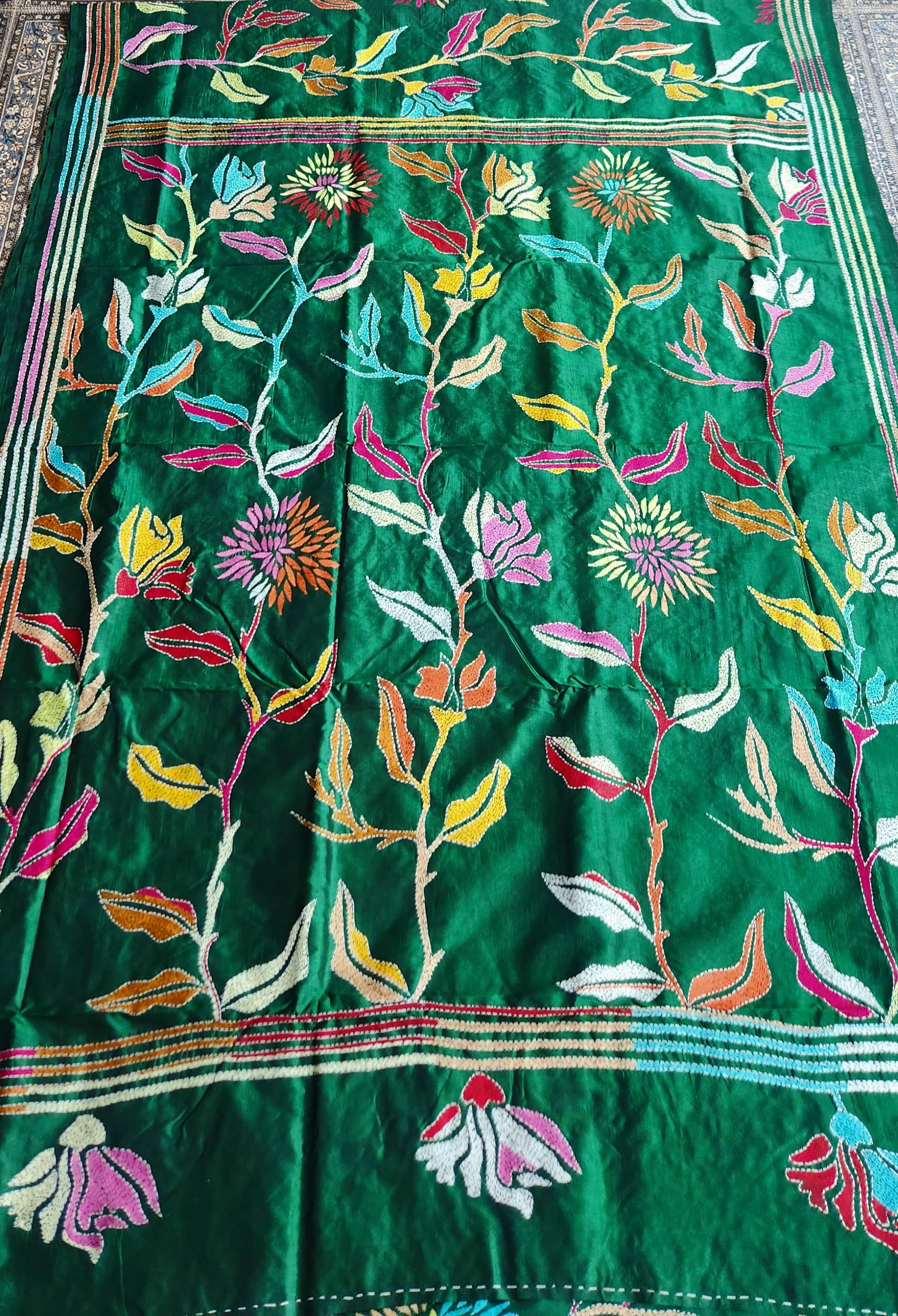 Kantha saree dandelion saree silk saree green saree mehndi look wedding saree designer saree