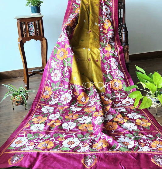 Kantha saree pink saree designer saree Indian gifts saree for anniversary yellow saree wedding shopping