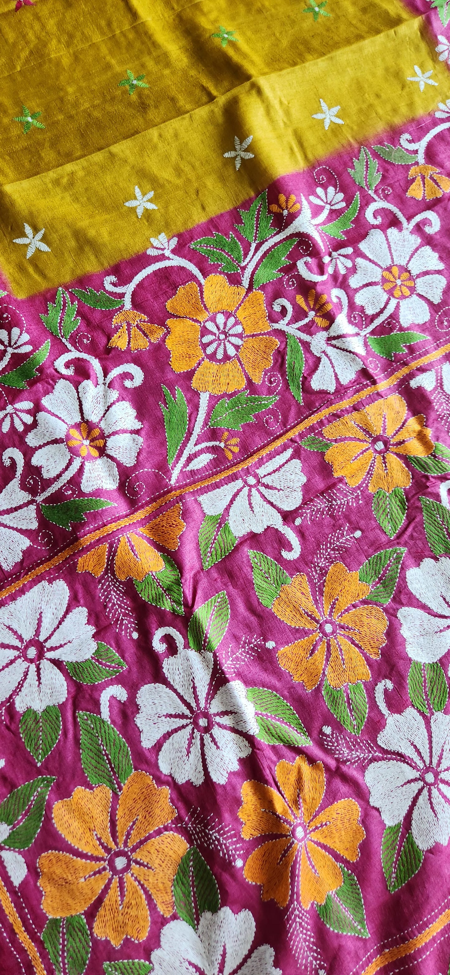 Kantha saree pink saree designer saree Indian gifts saree for anniversary yellow saree wedding shopping