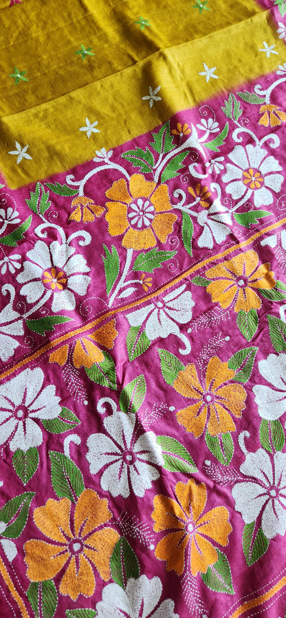 Kantha saree pink saree designer saree Indian gifts saree for anniversary yellow saree wedding shopping