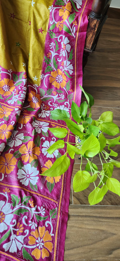Kantha saree pink saree designer saree Indian gifts saree for anniversary yellow saree wedding shopping