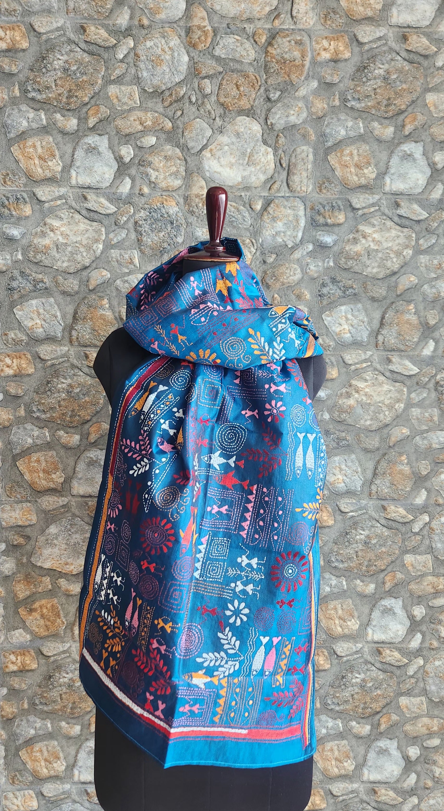 Kantha stole blue dupatta Indian gifts warli dupatta kantha dupatta
