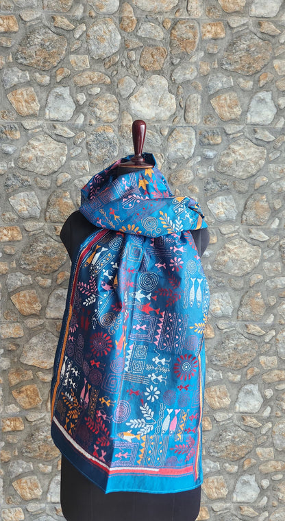 Kantha stole blue dupatta Indian gifts warli dupatta kantha dupatta