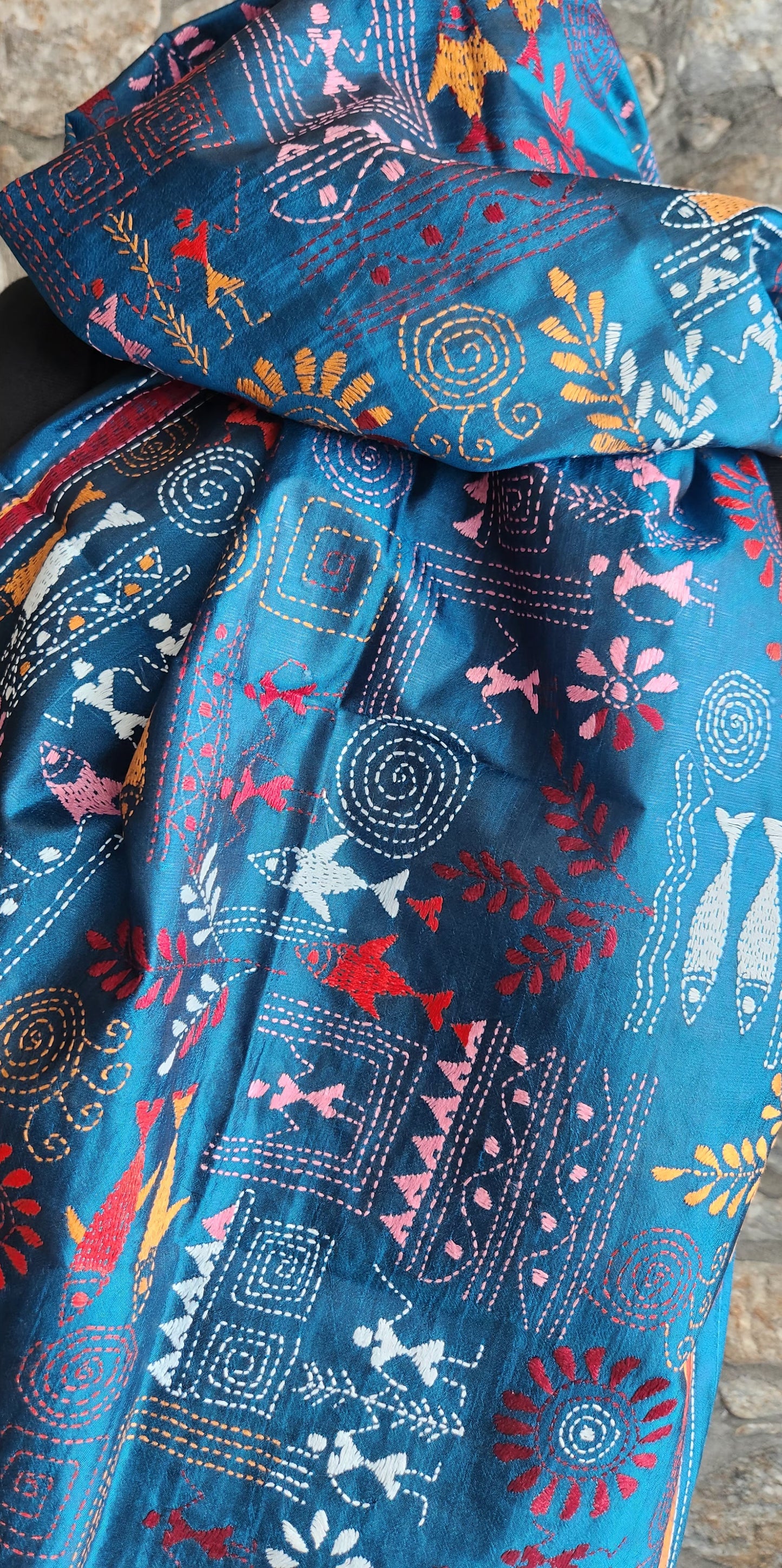 Kantha stole blue dupatta Indian gifts warli dupatta kantha dupatta