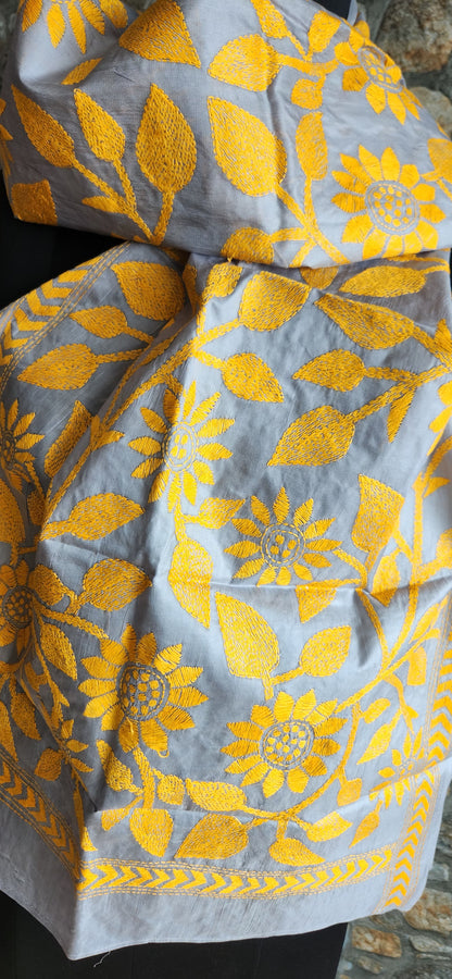 Kantha stole grey dupatta Indian gifts yellow dupatta