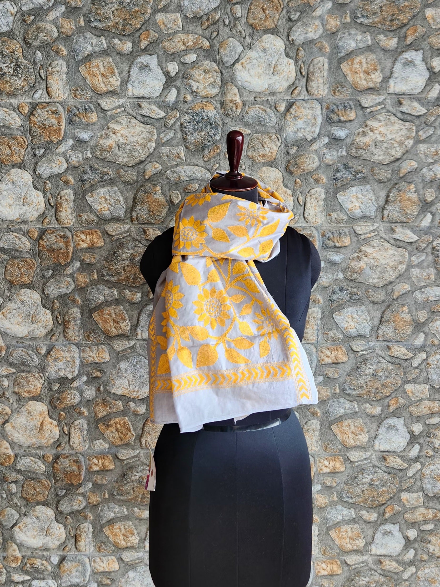 Kantha stole grey dupatta Indian gifts yellow dupatta