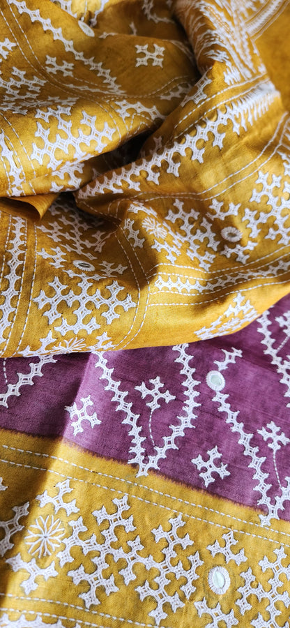 Kutchwork saree silk saree yellow saree purple saree saree for gifting wedding saree handmade sarees designer saree