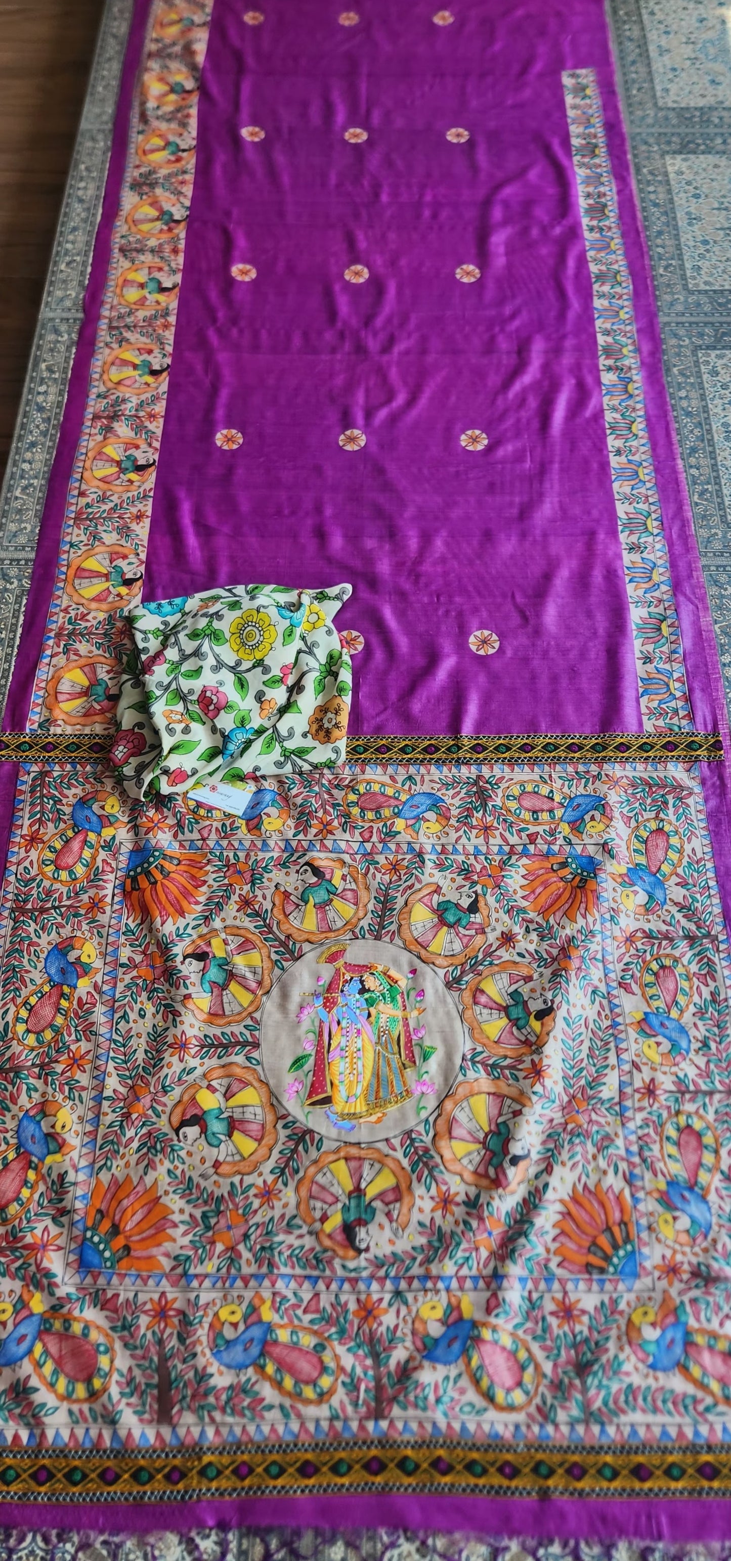 Madhubani saree Purple saree designer saree Pichwai handpainted saree unique saree saree for wedding saree for anniversary gifting