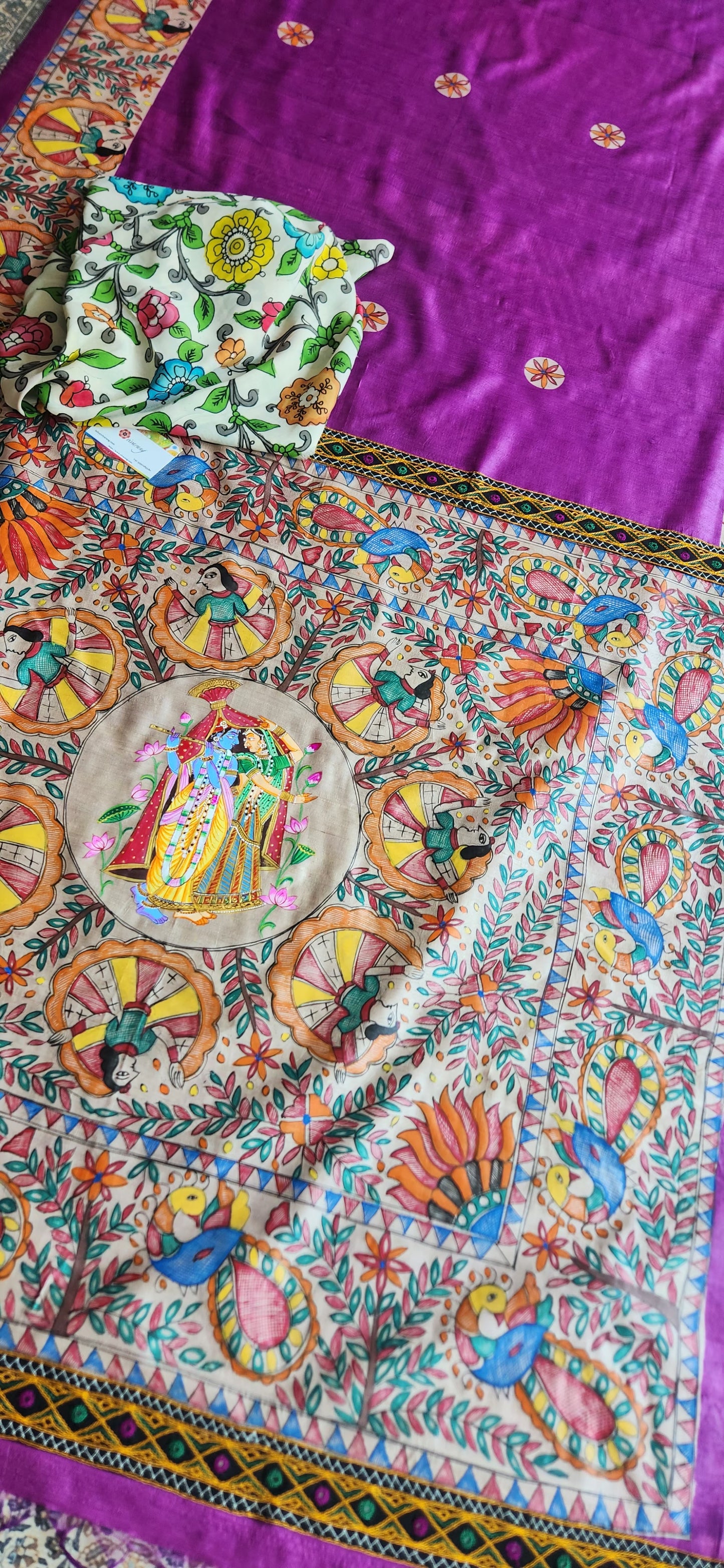 Madhubani saree Purple saree designer saree Pichwai handpainted saree unique saree saree for wedding saree for anniversary gifting