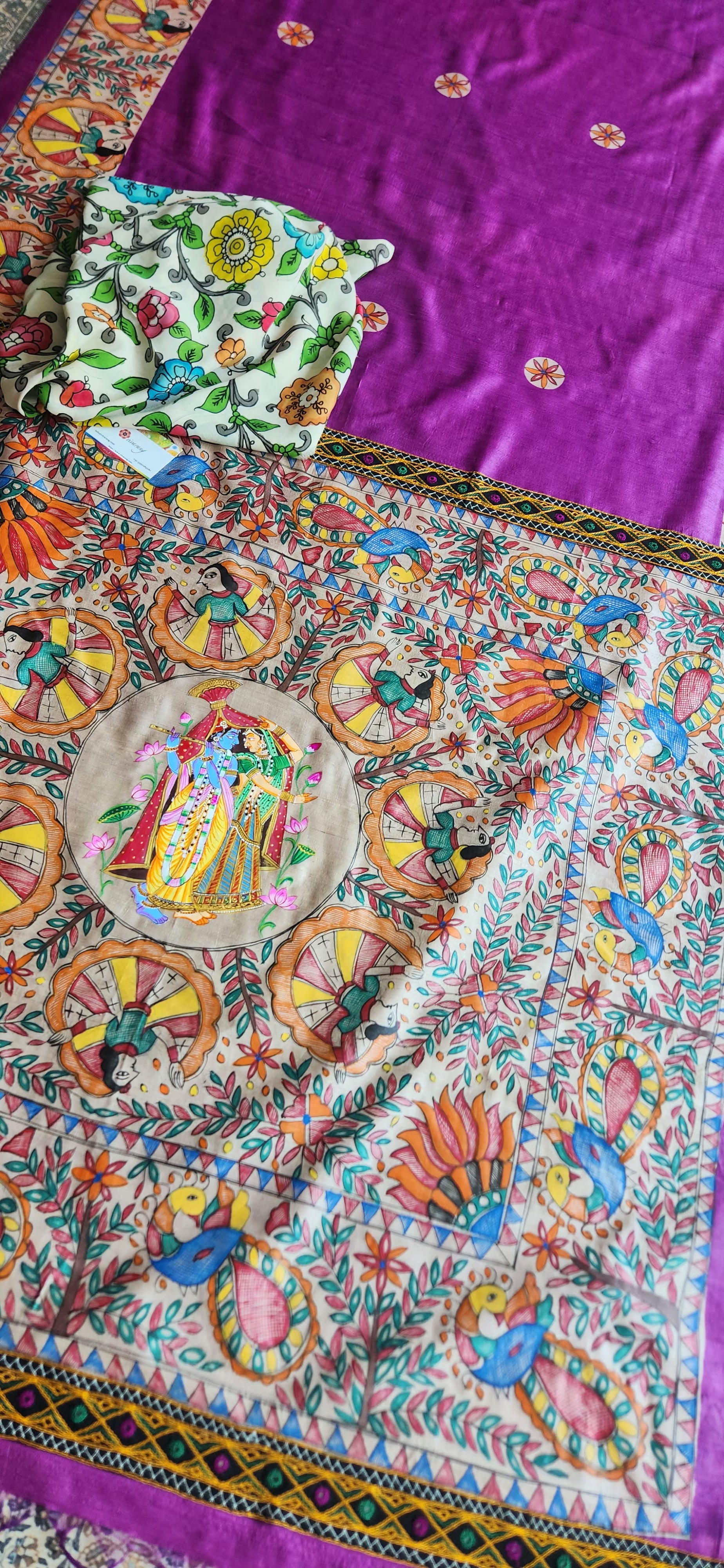 Madhubani saree Purple saree designer saree Pichwai handpainted saree unique saree saree for wedding saree for anniversary gifting