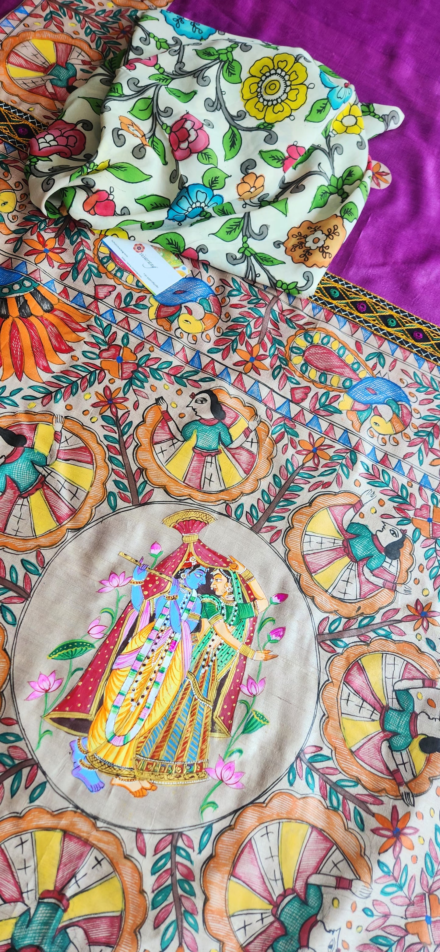 Madhubani saree Purple saree designer saree Pichwai handpainted saree unique saree saree for wedding saree for anniversary gifting