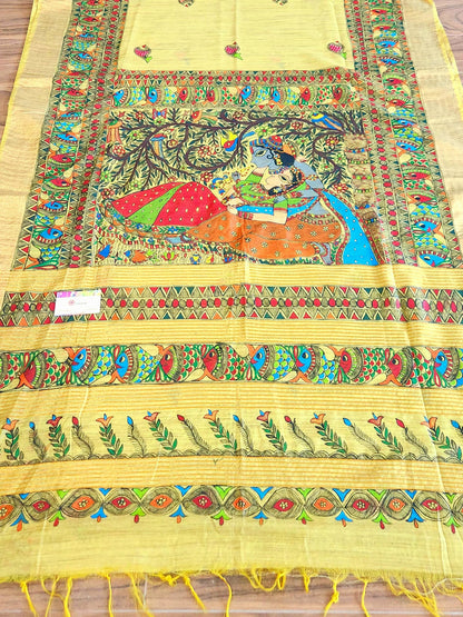 Madhubani saree silk saree Yellow saree Haldi look wedding saree saree gift