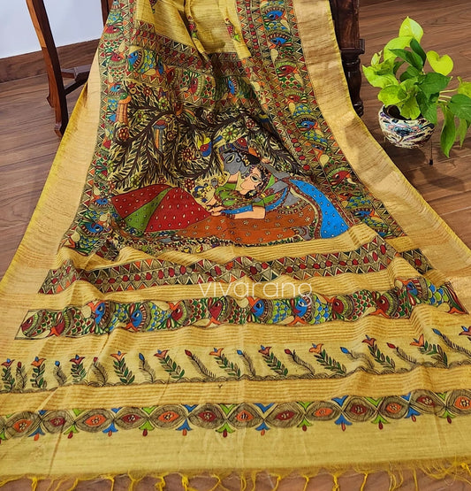 Madhubani saree silk saree Yellow saree Haldi look wedding saree