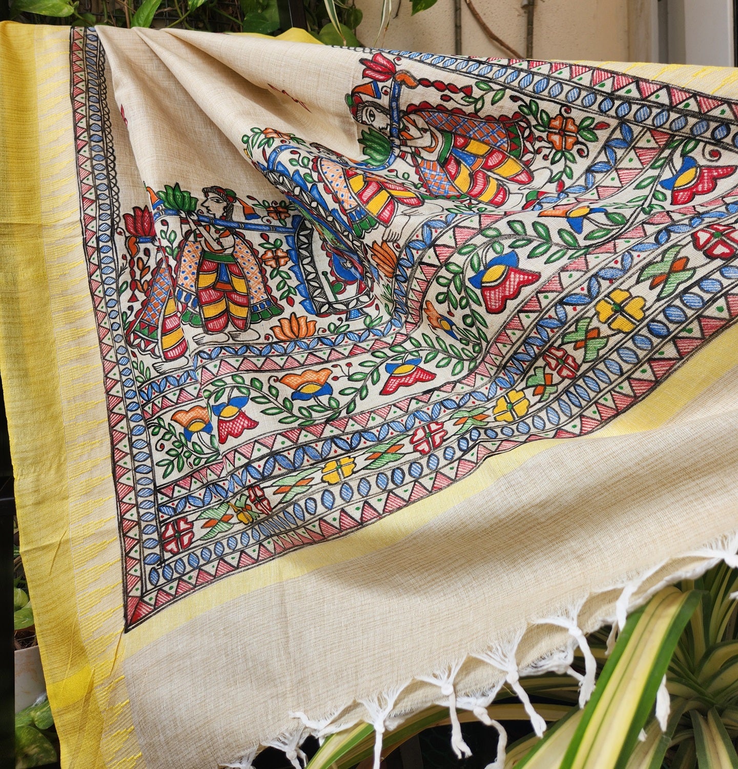 Bride dulhan bidaai theme shopping madhubani dupatta yellow dupatta durga dupatta handmade gifts haldi look