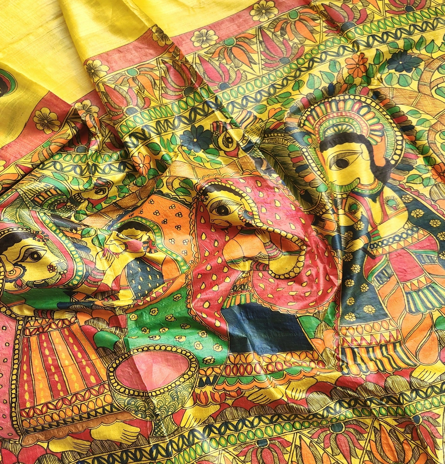 madhubani saree holi saree designer wear handmade saree haldi look wedding shopping yellow saree