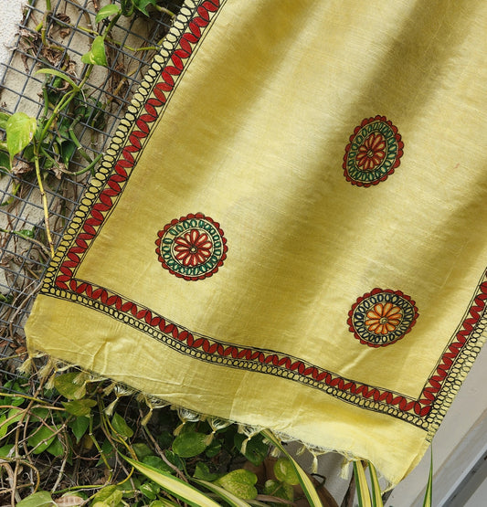 Madhubani stole Indian gfits Handmade gifts green mehndi look