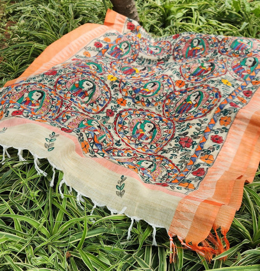 Orange dupatta handmade dupatta Indian gifts Madhubani dupatta officewear dupatta