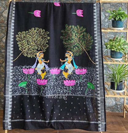 Pattachitra dupatta black dupatta handpainted dupatta cotton dupatta Indiangifts