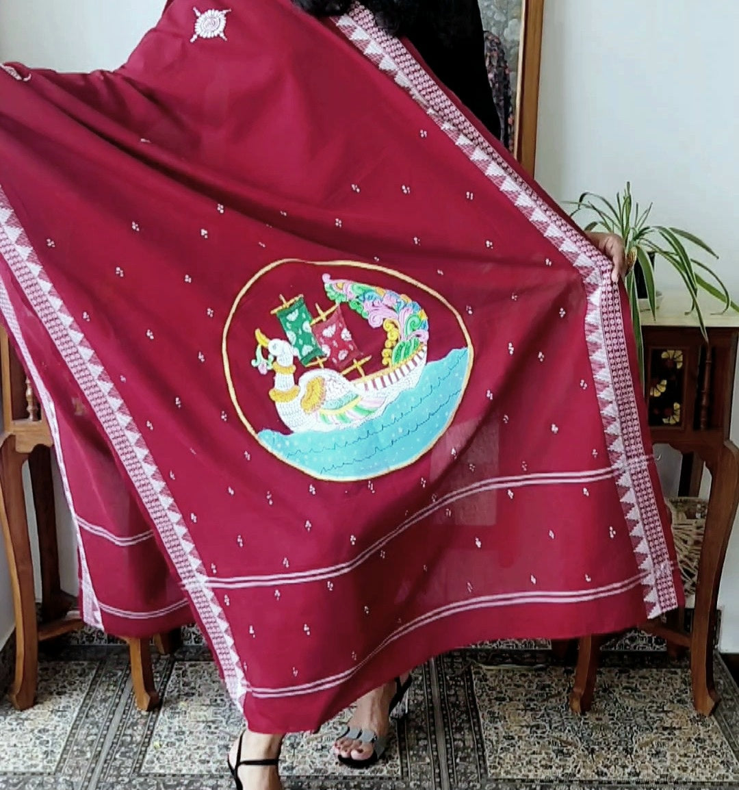 Pattachitra dupatta cotton dupatta BUrgundy dupatta handmade gifts  iTokri