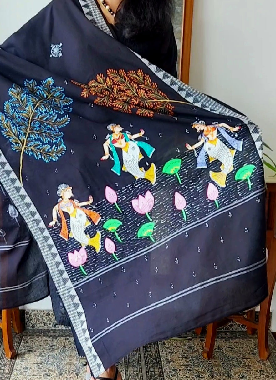 Pattachitra dupatta cotton dupatta black dupatta Indian gifts