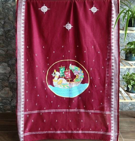 Pattachitra dupatta cotton dupatta BUrgundy dupatta handmade gifts 