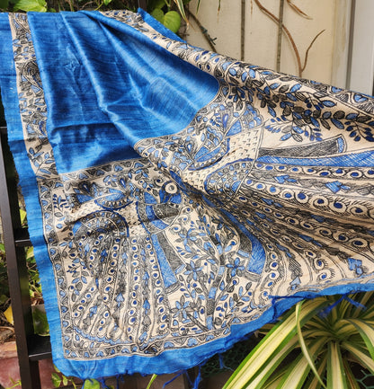 MADHUBANI SILK DUPATTA madhubanionline madhubanidupatta handpaintedgifts BLUE peacocks