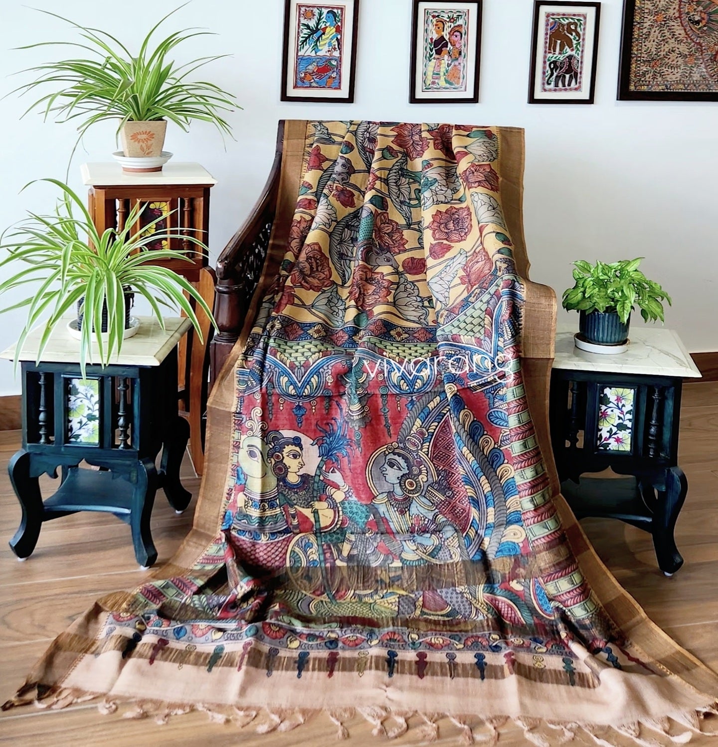 Pen kalamakari saree yellow saree wedding shopping tussar saree designer saree unique saree Haldi outfit Blue Lotus saree