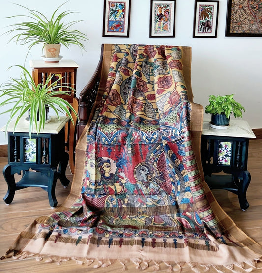 Pen kalamakari saree yellow saree wedding shopping tussar saree designer saree unique saree Haldi outfit Blue Lotus saree