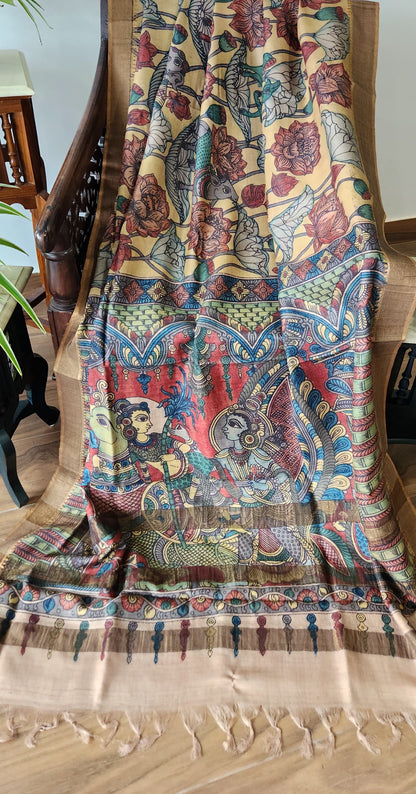 Pen kalamakari saree yellow saree wedding shopping tussar saree designer saree unique saree Haldi outfit Blue Lotus saree