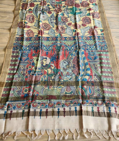 Pen kalamakari saree yellow saree wedding shopping tussar saree designer saree unique saree Haldi outfit Blue Lotus saree ITokri