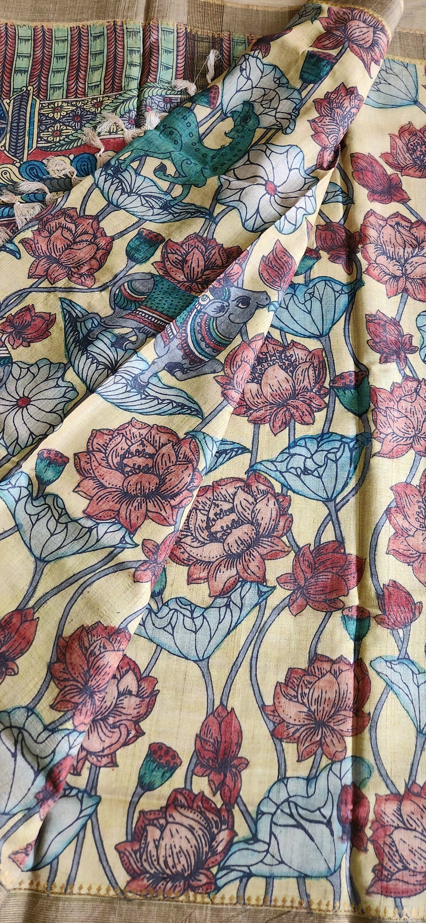 Pen kalamakari saree yellow saree wedding shopping tussar saree designer saree unique saree Haldi outfit Blue Lotus saree