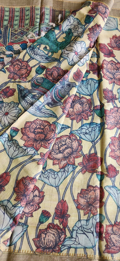 Pen kalamakari saree yellow saree wedding shopping tussar saree designer saree unique saree Haldi outfit Blue Lotus saree