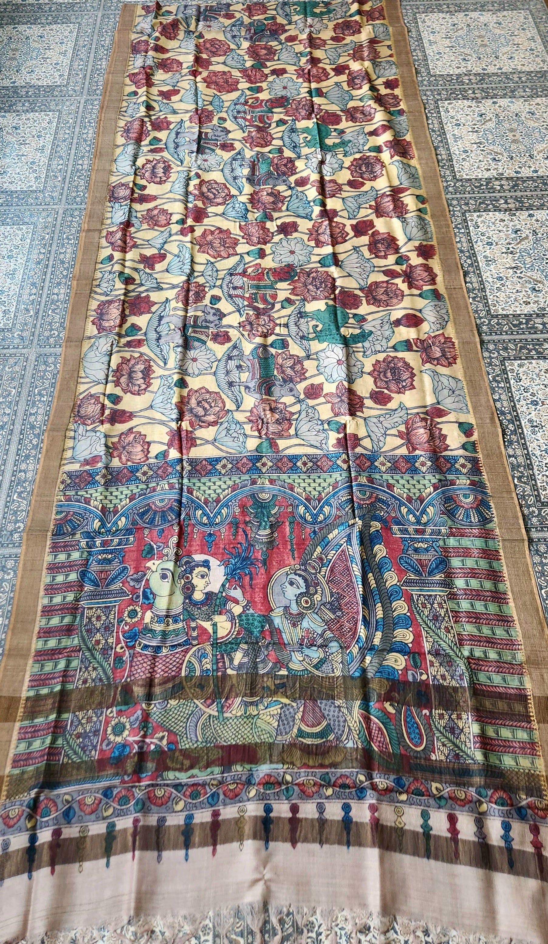 Pen kalamakari saree yellow saree wedding shopping tussar saree designer saree unique saree Haldi outfit Blue Lotus saree