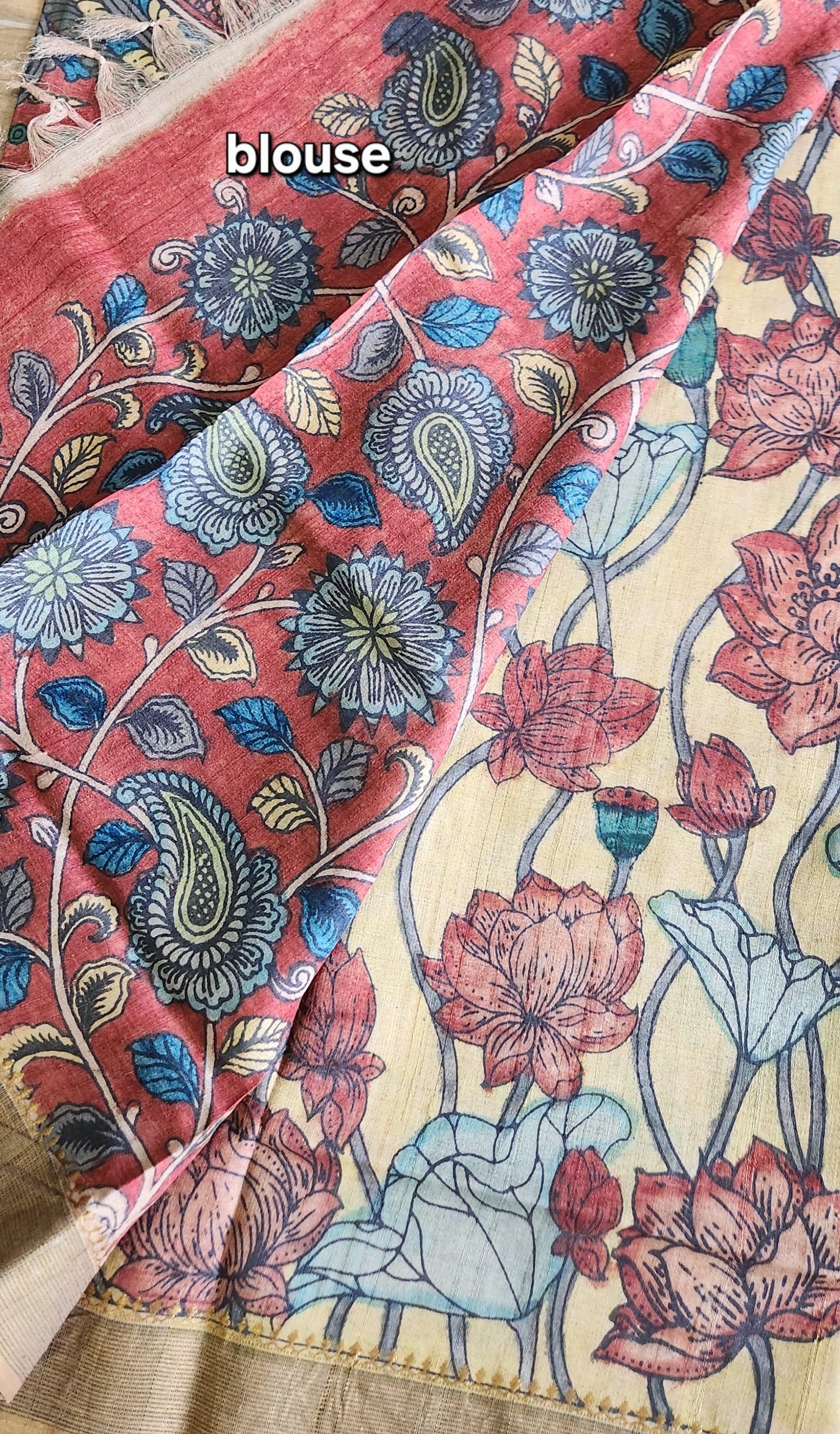 Pen kalamakari saree yellow saree wedding shopping tussar saree designer saree unique saree Haldi outfit Blue Lotus saree iTokri