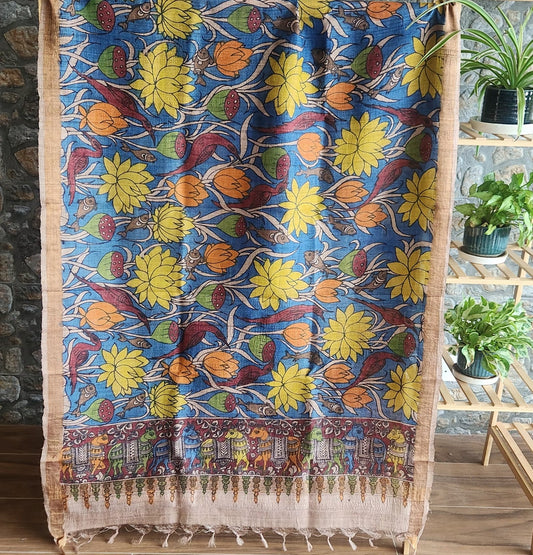 Pen kalamkari dupatta handmade dupatta Indian gifts Blue dupatta fish dupatta
