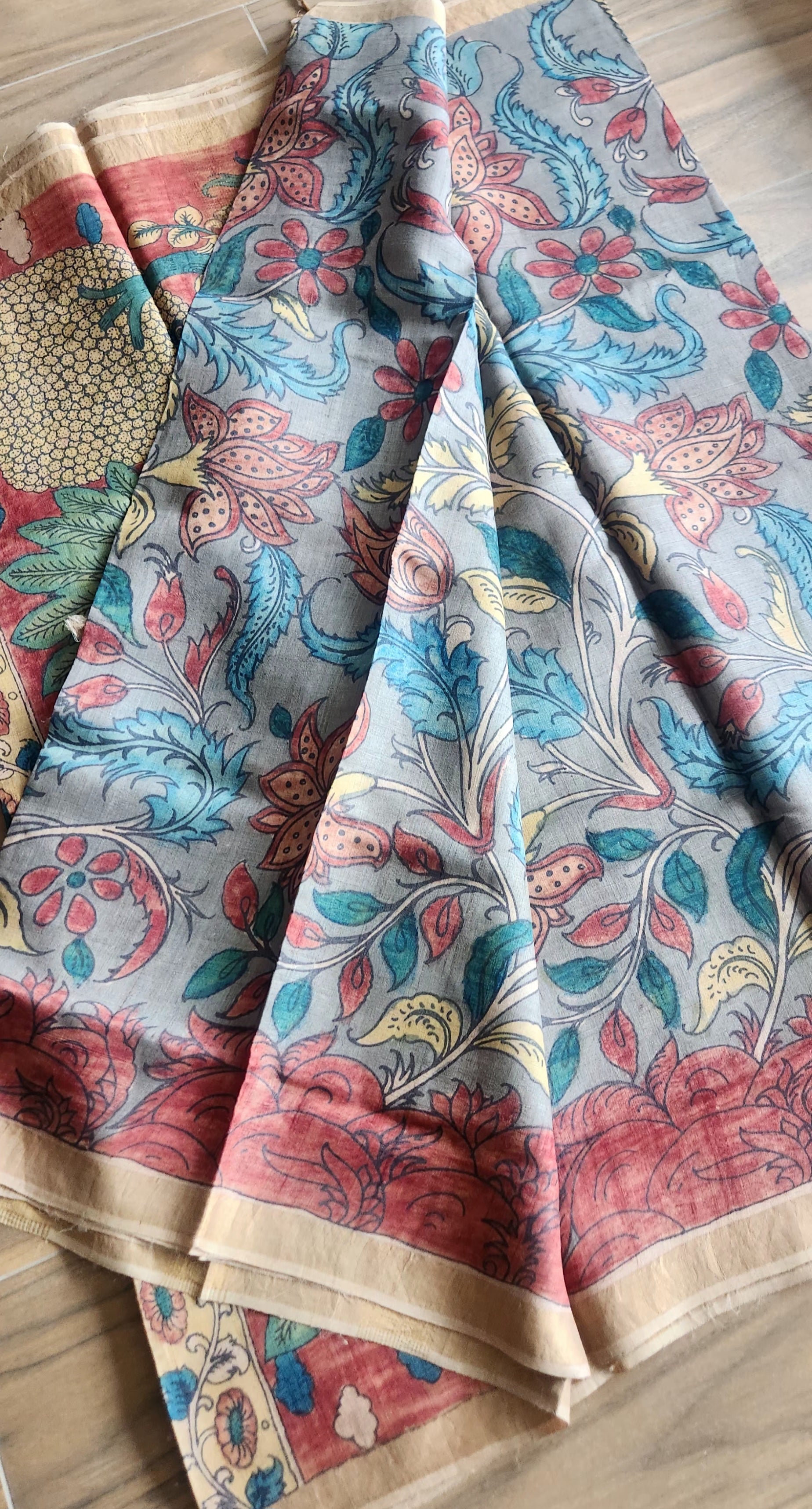 Pen kalamkari saree Village life saree tussar saree designer saree handmade saree Grey saree village theme saree 