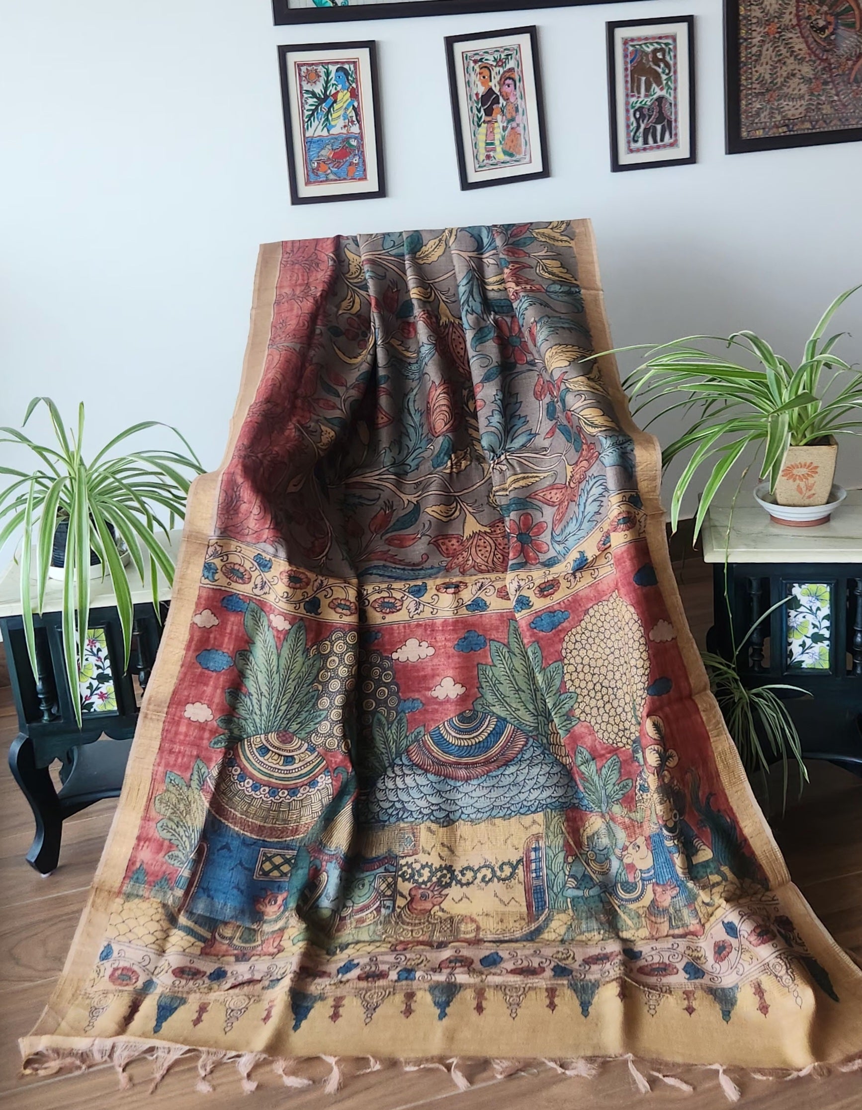 Pen kalamkari saree Village life saree tussar saree designer saree handmade saree Grey saree villega theme saree