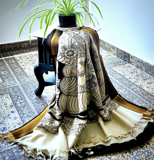 Pen kalamkari saree black and white saree saree for office saree for gifting