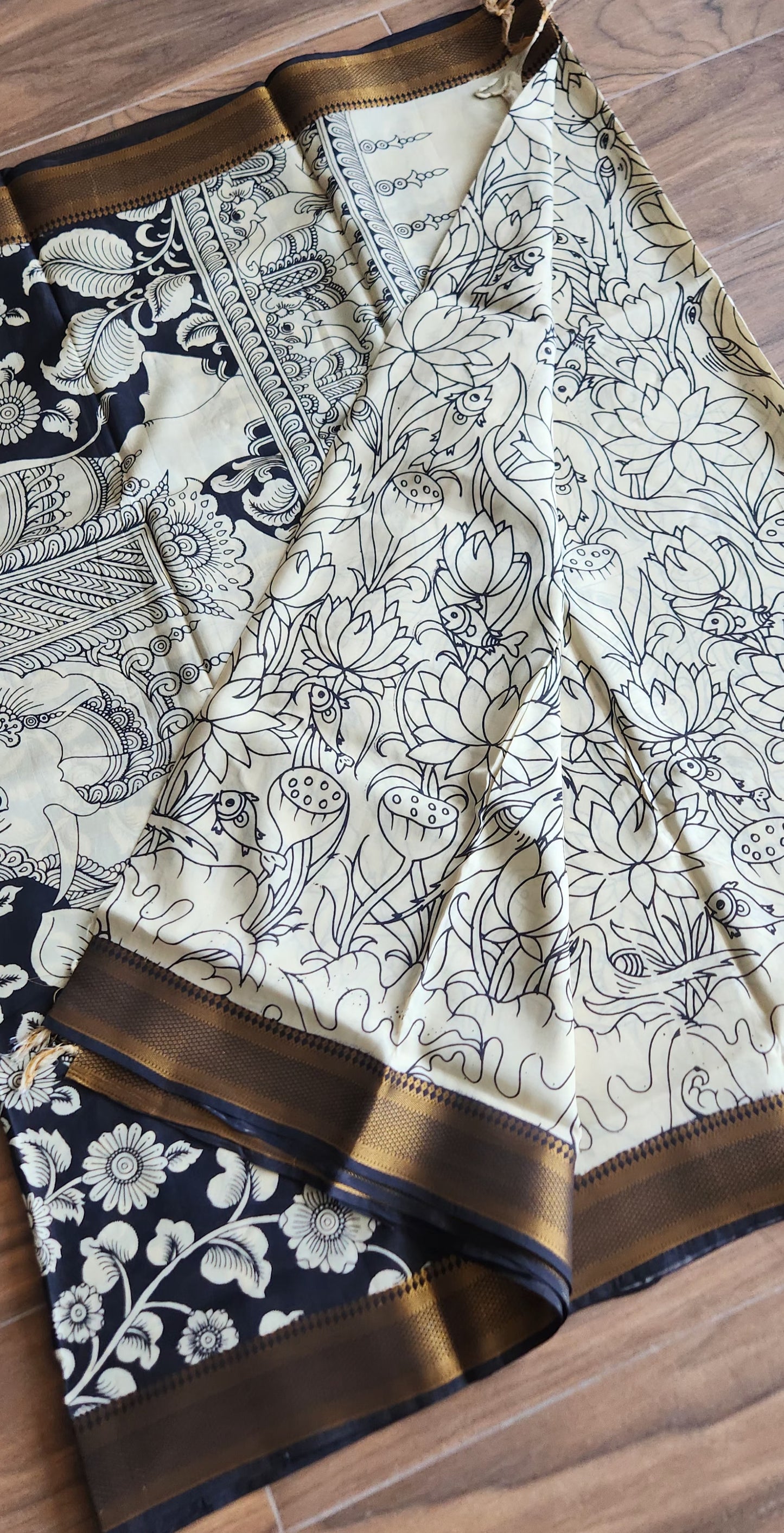 Pen kalamkari saree black and white saree saree for office saree for gifting Lotus saree