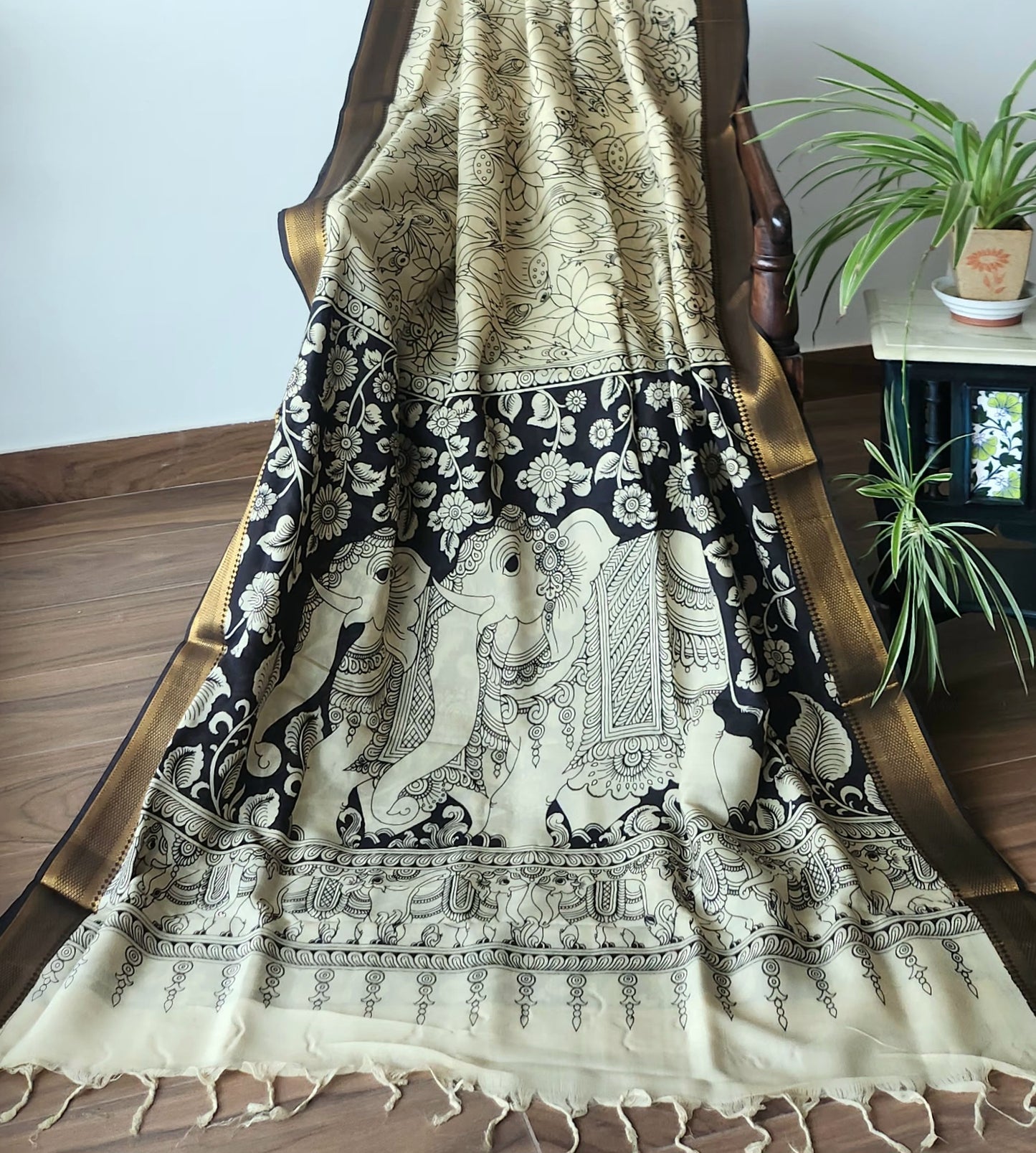 Pen kalamkari saree black and white saree saree for office saree for gifting Lotus saree