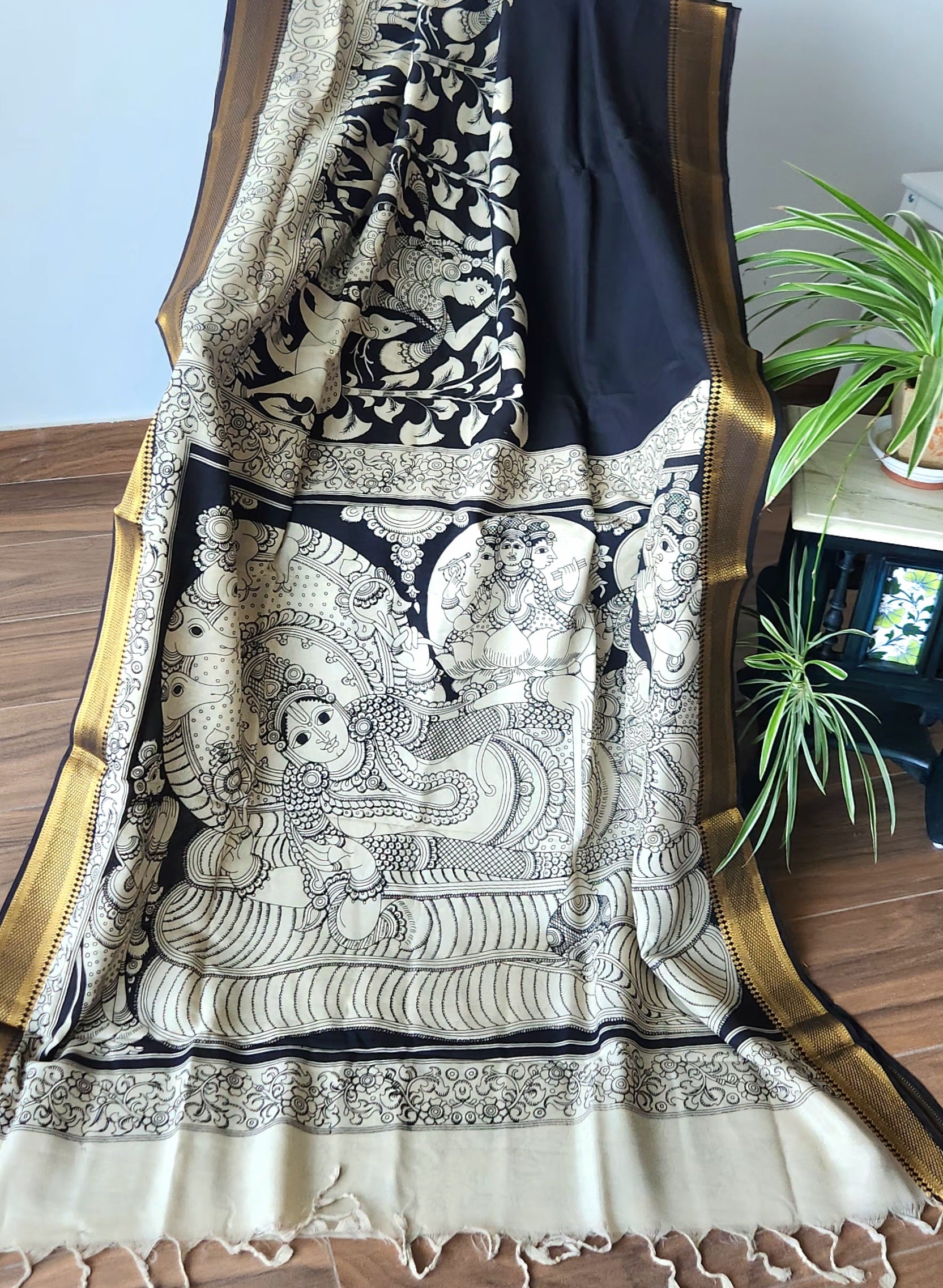 Pen kalamkari saree black and white saree saree for office saree for gifting