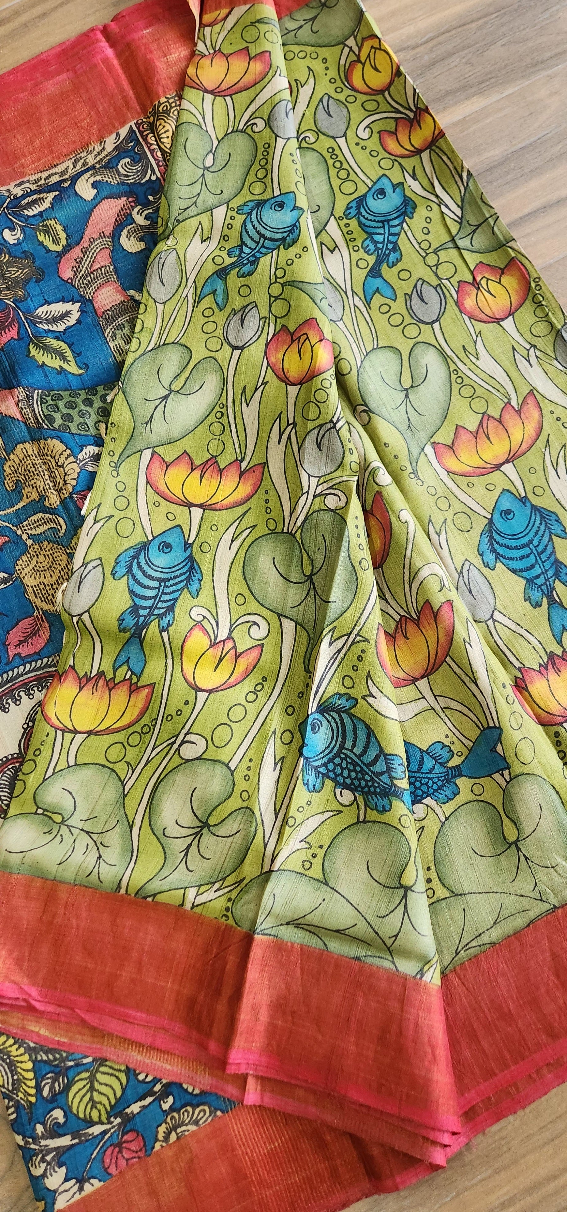 Pen kalamkari saree green saree saree for Mehndi function silk saree pattu saree designer saree Indian gifts