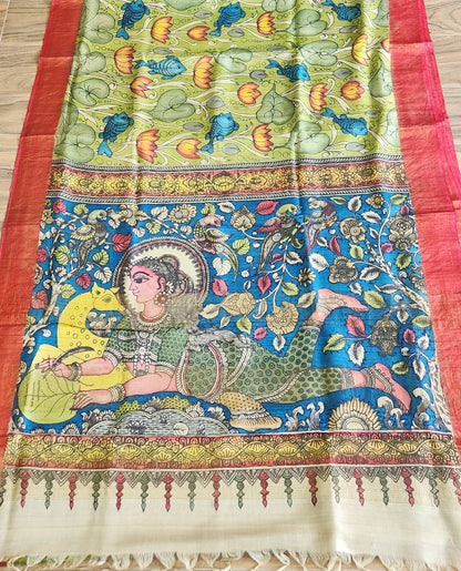 Pen kalamkari saree green saree saree for Mehndi function silk saree pattu saree designer saree Indian gifts