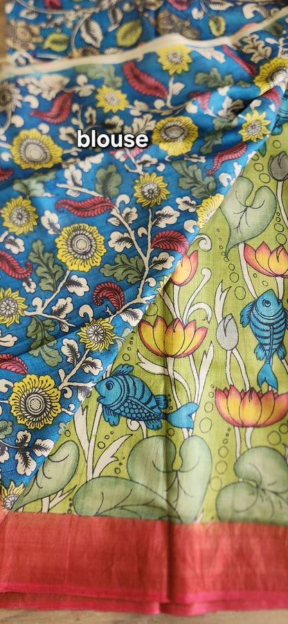 Pen kalamkari saree green saree saree for Mehndi function silk saree pattu saree designer saree Indian gifts